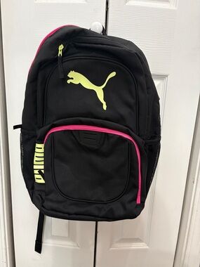 Puma Black Backpack with Neon Yellow Logo and Pink Trim